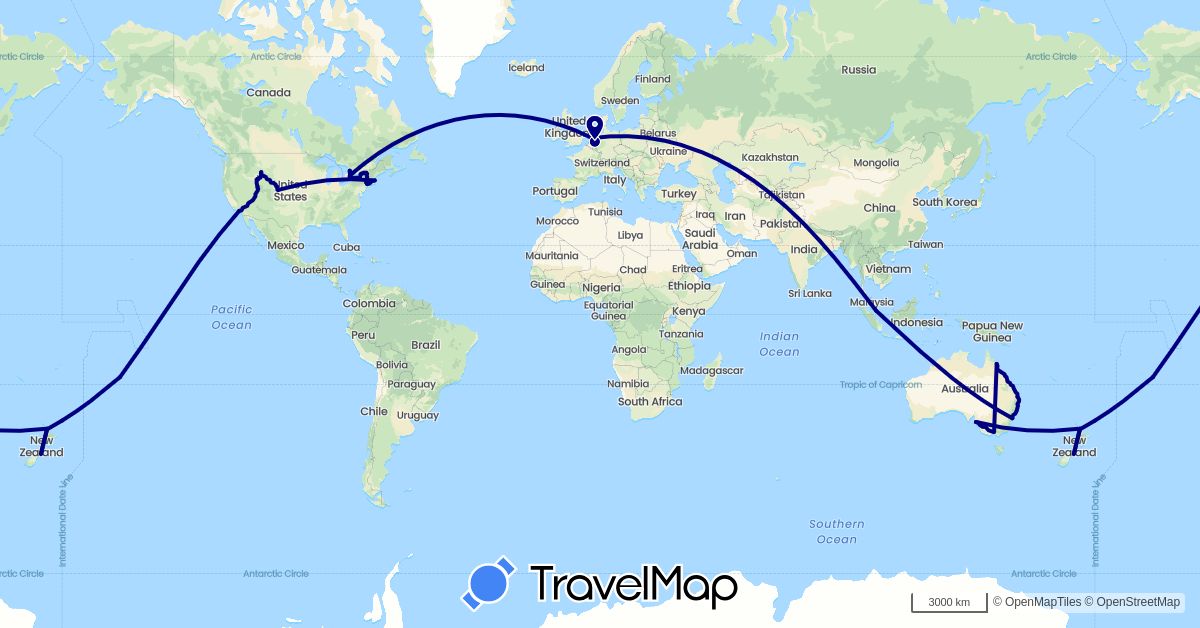 TravelMap itinerary: driving in Australia, Canada, Cook Islands, Netherlands, New Zealand, Singapore, United States (Asia, Europe, North America, Oceania)