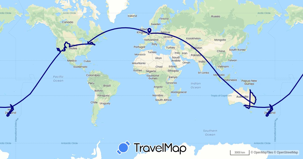 TravelMap itinerary: driving in Australia, Canada, Cook Islands, Indonesia, Netherlands, New Zealand, Singapore, United States (Asia, Europe, North America, Oceania)